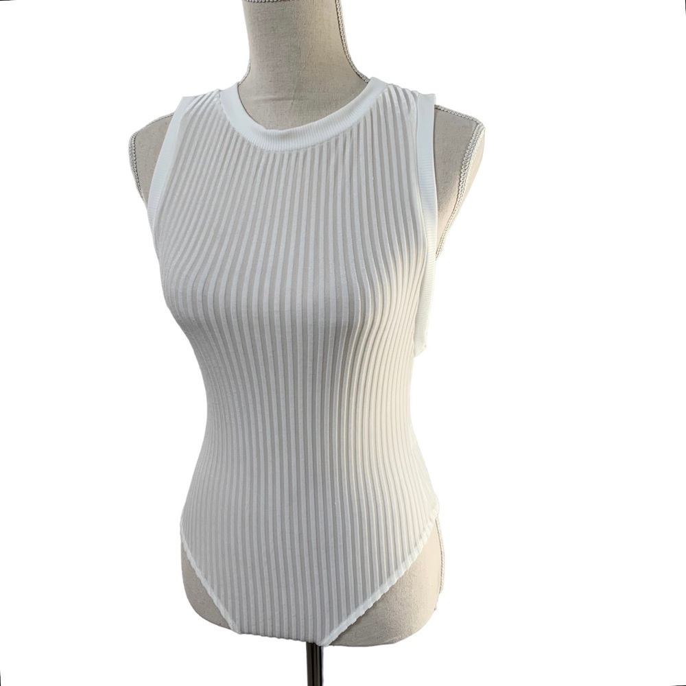 Semi-Sheer High-Neck Ribbed Bodysuit
